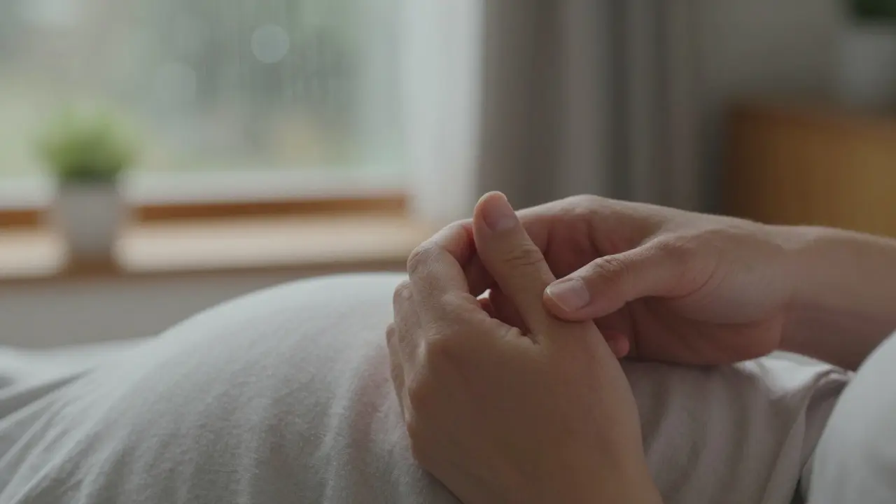 Těhotná žena masíruje bod mezi palcem a ukazováčkem na ruce.