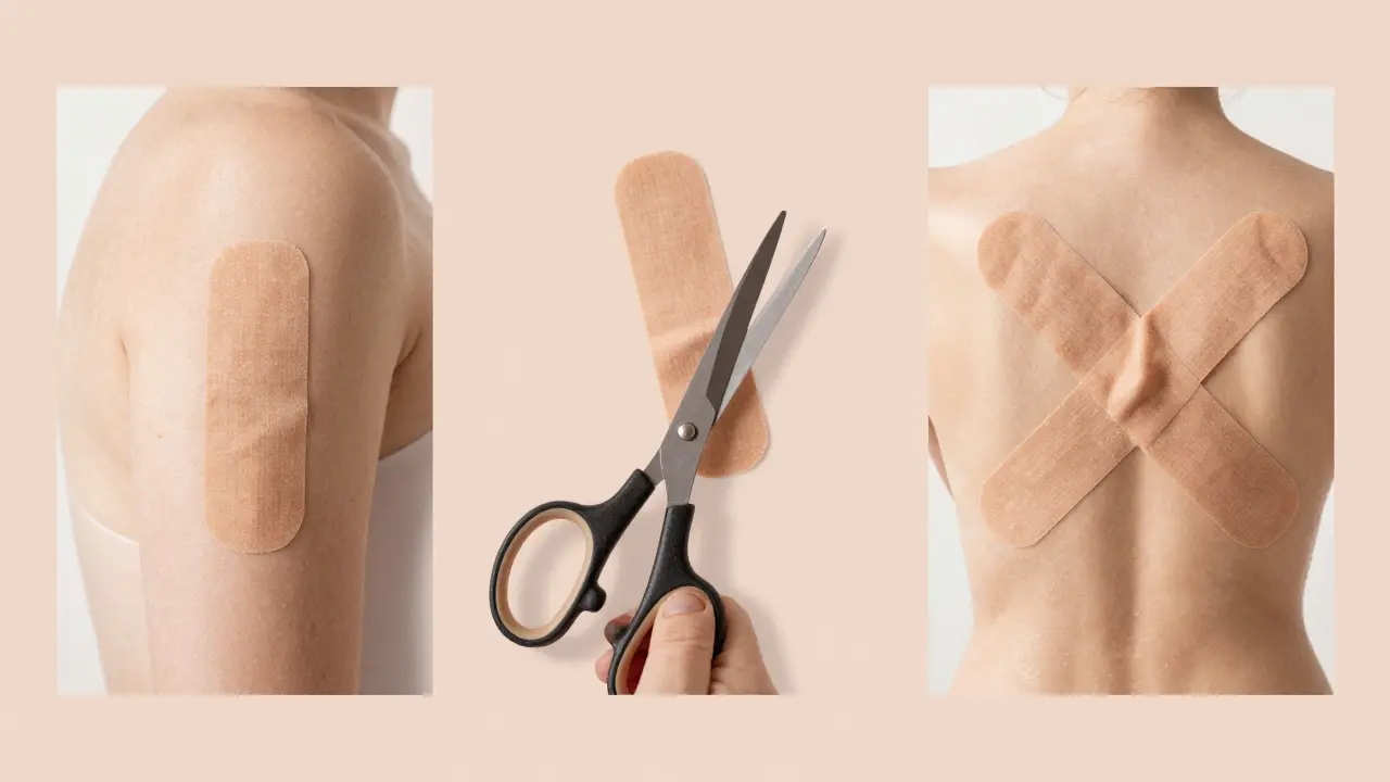 Tři fáze aplikace tejpování: příprava kůže, řezání tejpového pásu a konečné umístění X-tvaru.