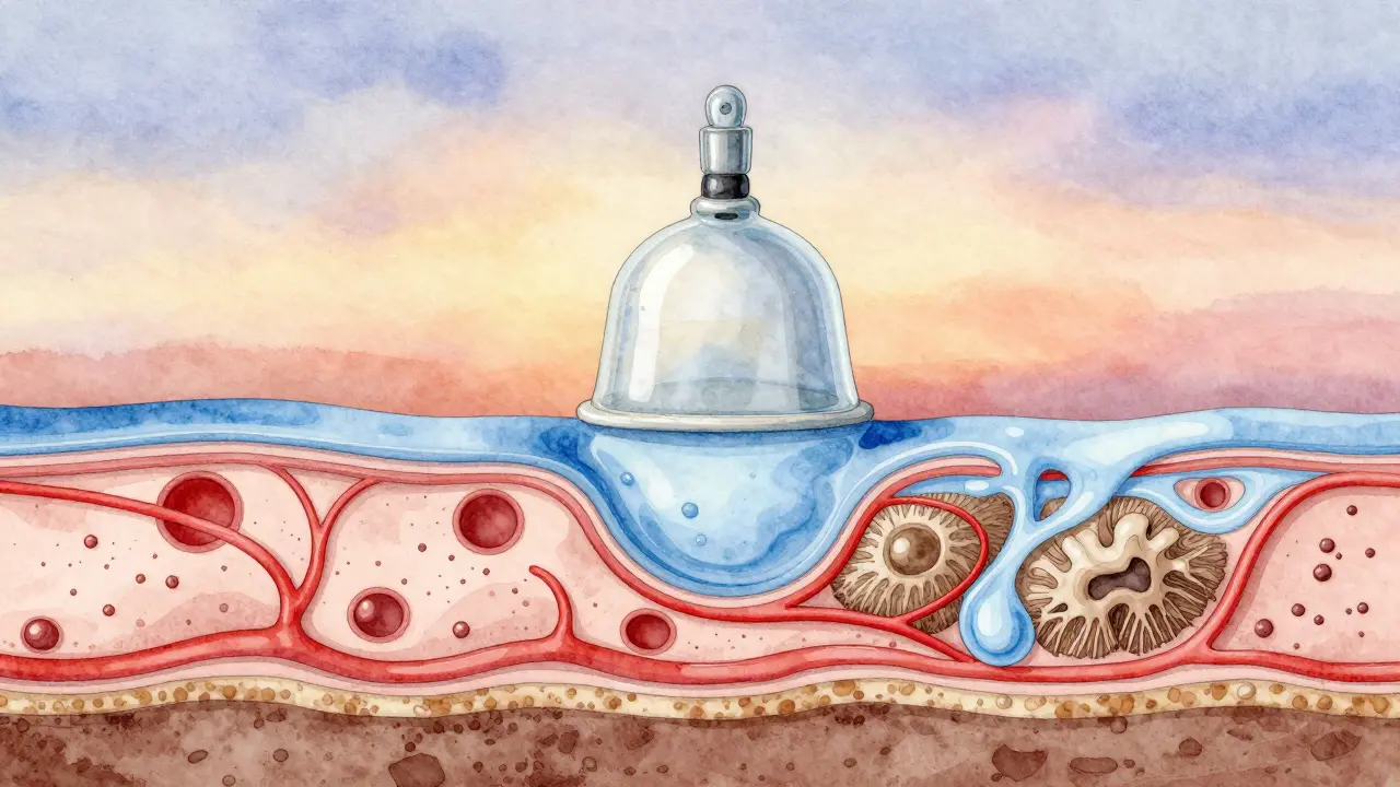 Umělecké znázornění tří vrstev vakuoterapie: kapiláry, lymfa a pojivová tkáň, bez textu, v mírné vodové technice.