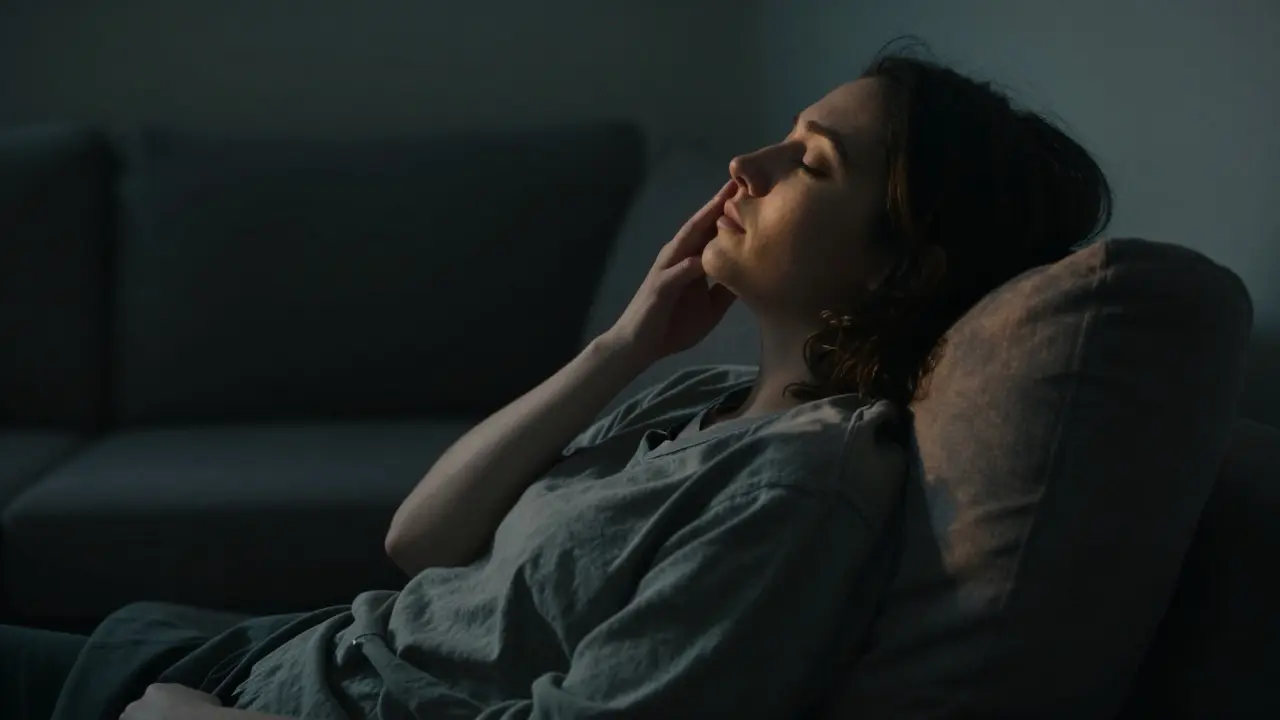 Uvolněná osoba s zavřenýma očima v tmavé místnosti.