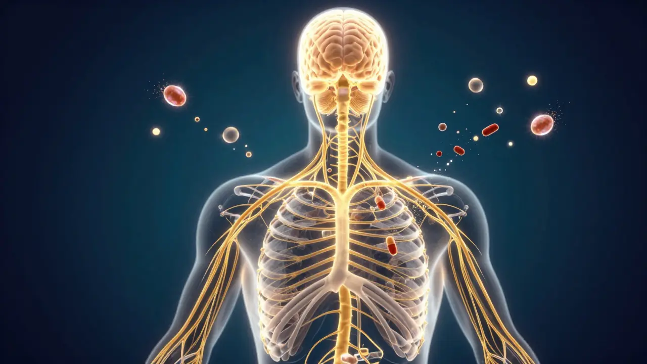 Abstraktní vizualizace nervového systému a uvolňování endorfinů při stresové redukci.