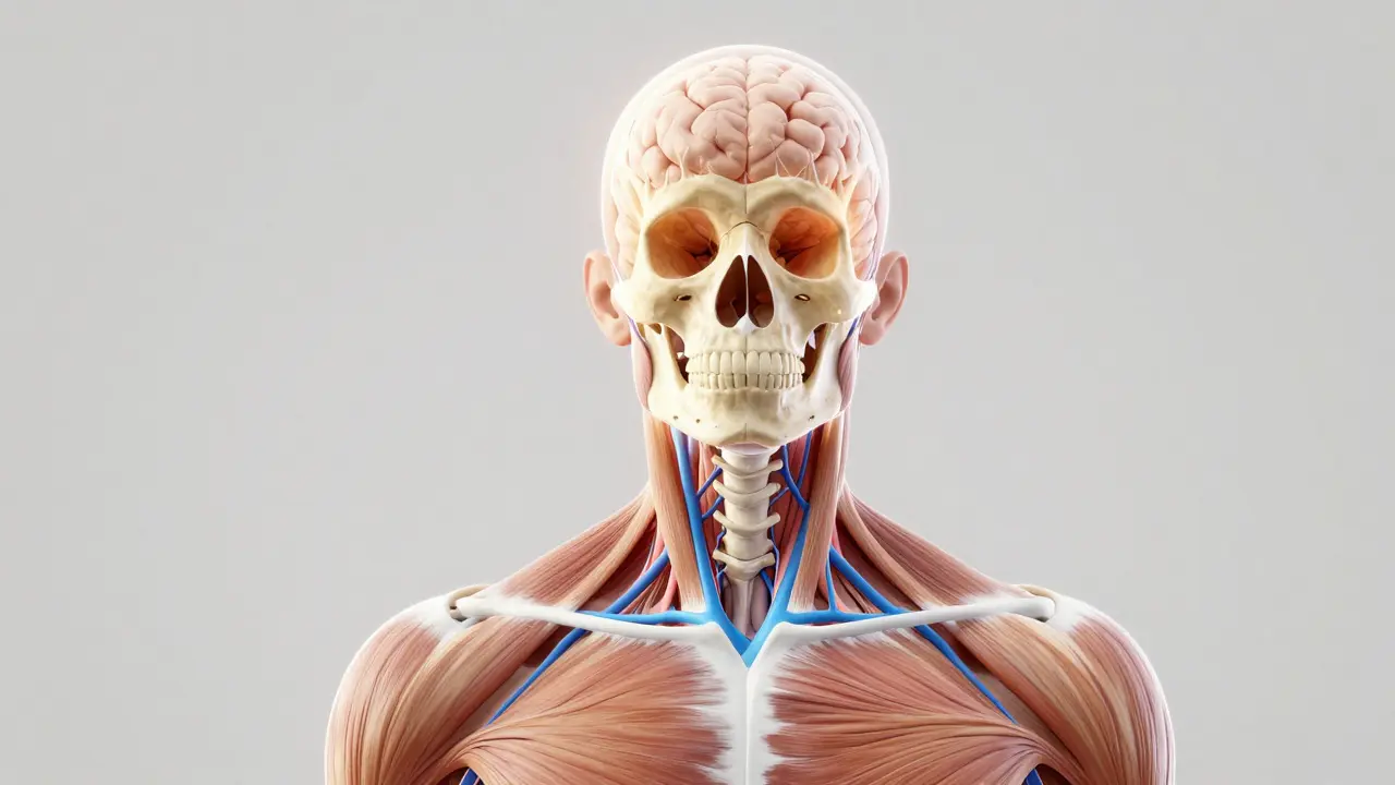 Anatomický pohled na svaly krku a šíje s vyznačenými bolestivými body.