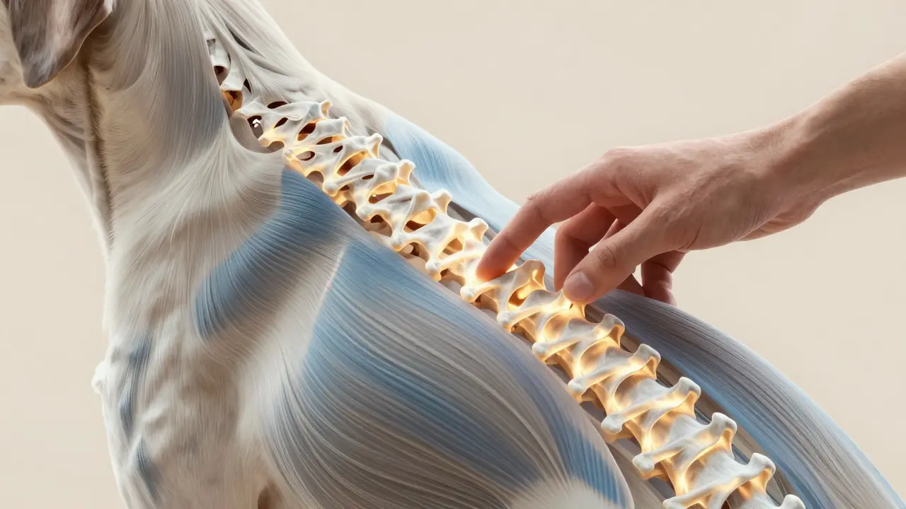 Detail ruky vykazující jemný tlak na páteř psa s anatomickým znázorněním.