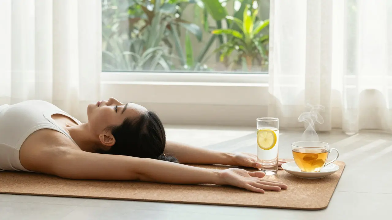 Klidná scéna s jógou a hydratací pro regeneraci těla a zdravá záda.