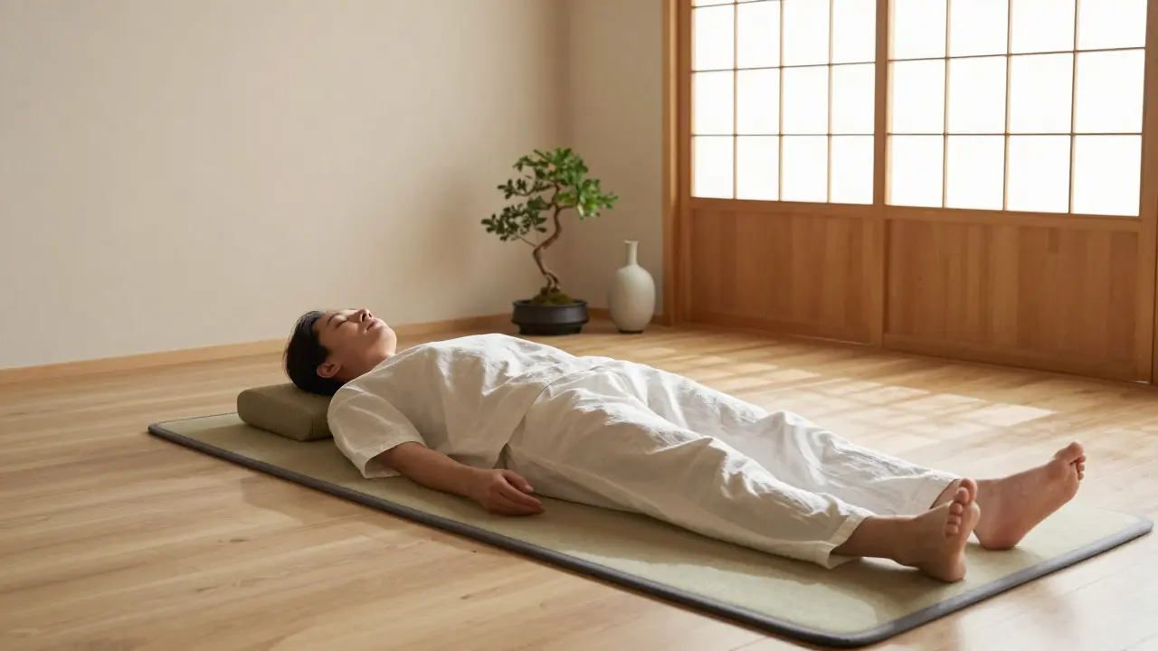 Klidný interiér japonského stylu s futonem pro masáž shiatsu v přirozeném světle.