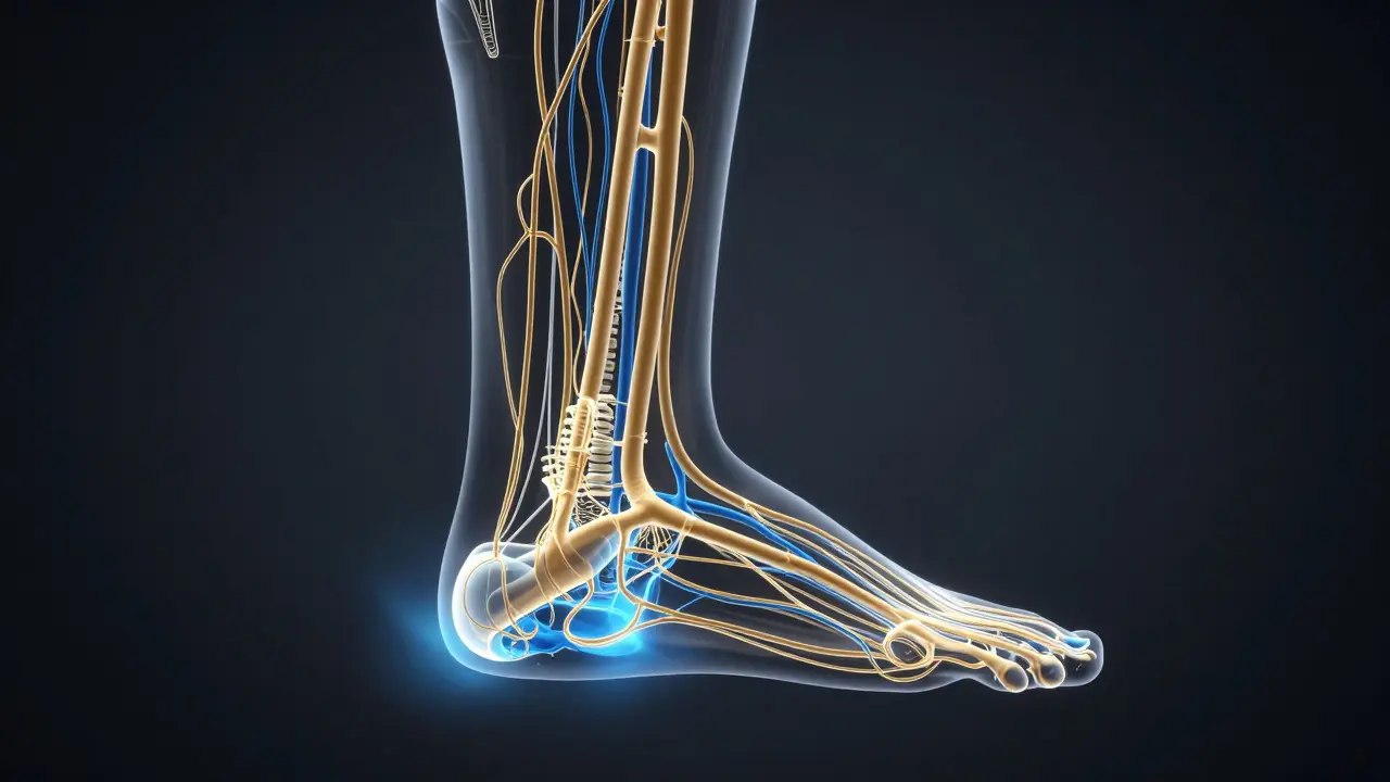Konceptuální znázornění lymfatického systému a hromadění tekutin v kotníku.