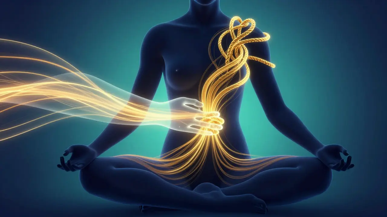 Konceptuální zobrazení uvolňování energetických bloků v těle pomocí tlaku.