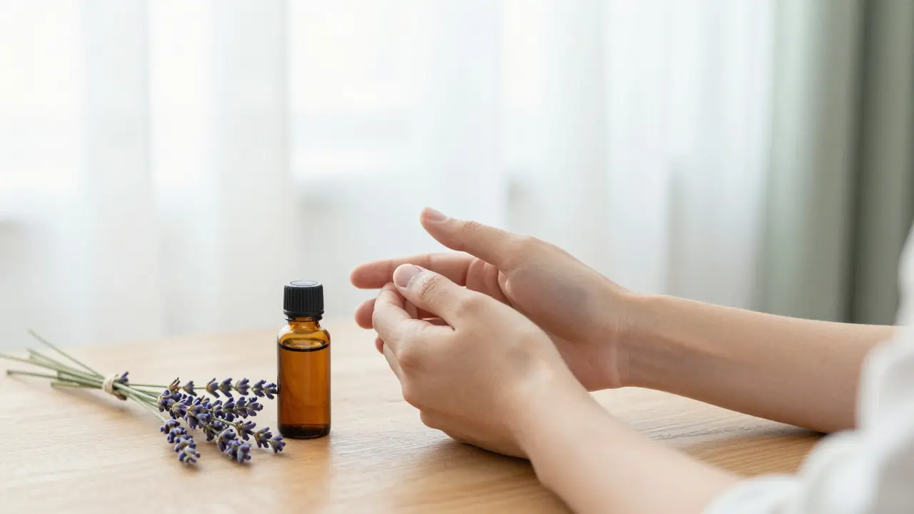 Osoba si jemně masíruje spánky a čelist v uklidňujícím domácím prostředí.