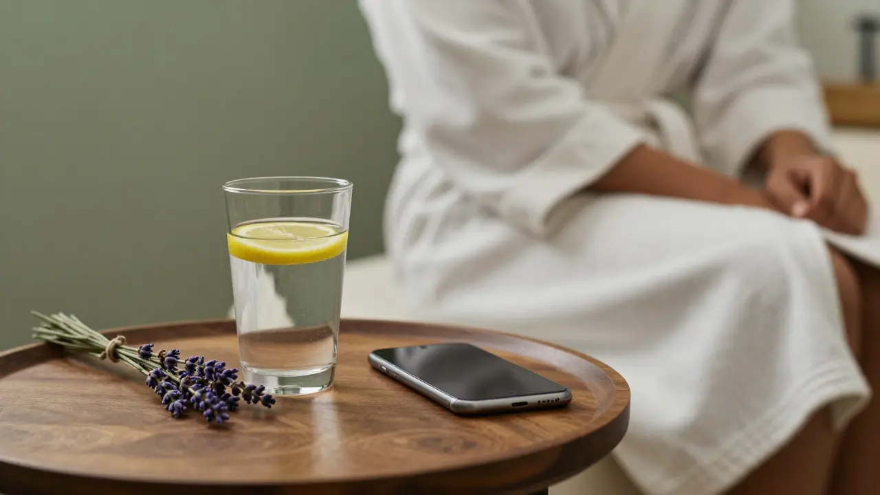 Sklenice vody a levandule vedle vypnutého telefonu v klidném prostředí.