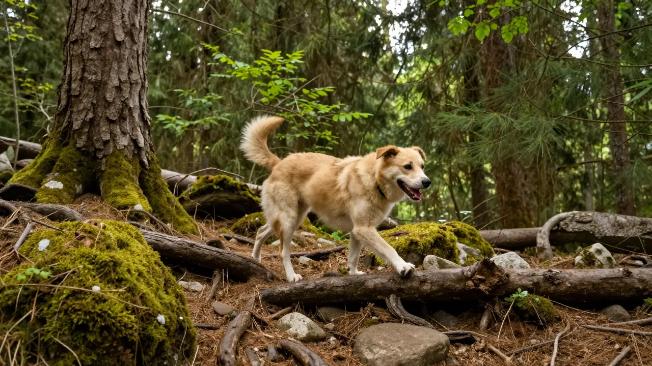 Šťastný pes se plynulým pohybem kráčí po terénu v lese.