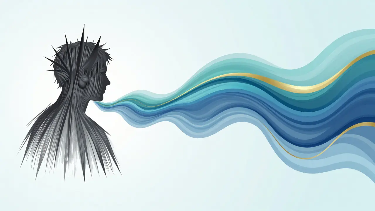 Umělecké znázornění přechodu od stresu a napětí k vnitřnímu klidu.