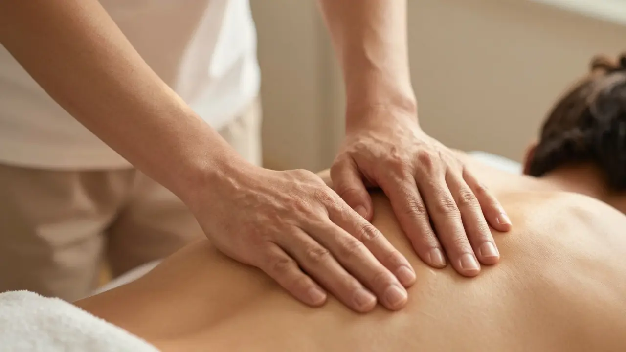 Bližší záběr rukou fyzioterapeuta provádějících hlubokotkaninovou masáž na zádech