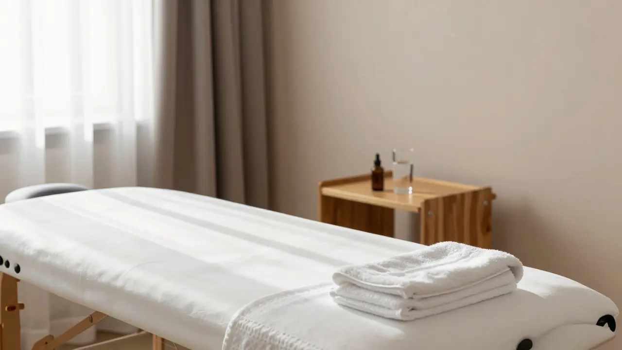 Klidná terapeutická místnost s masážním stolem a olejem
