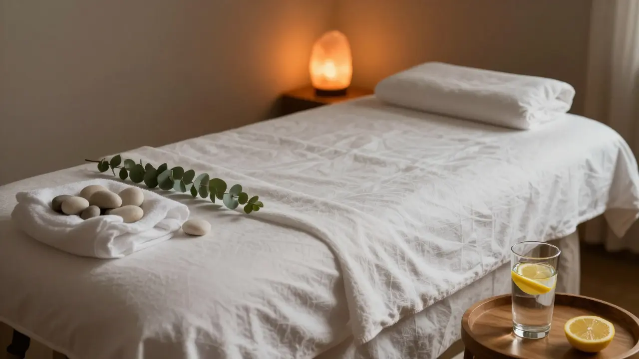 Klidná terapeutická místnost s masážním stolem a teplým osvětlením