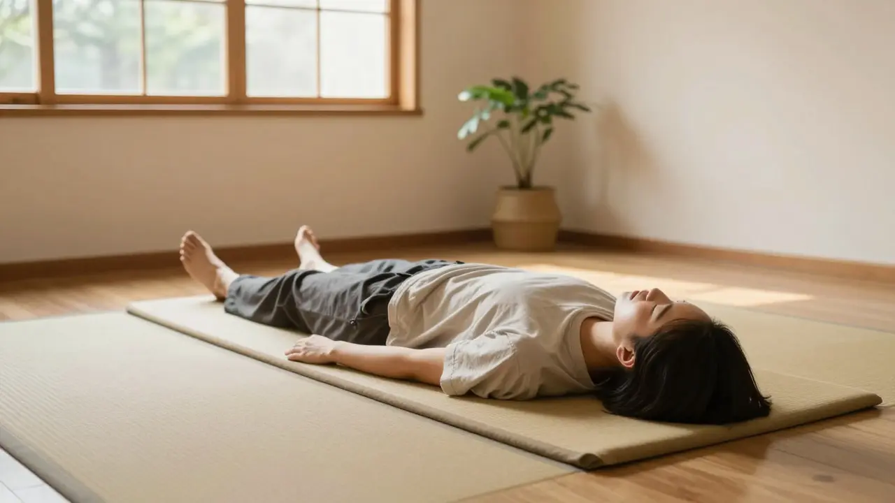 Klidná terapeutická místnost s matrací futon na zemi
