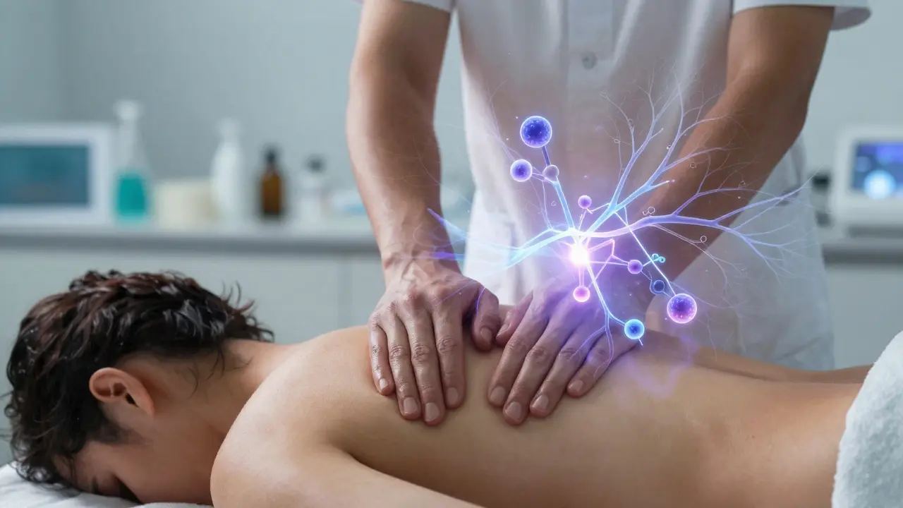 Konceptuální obraz spojující masáž s neurochemickými procesy a vědou