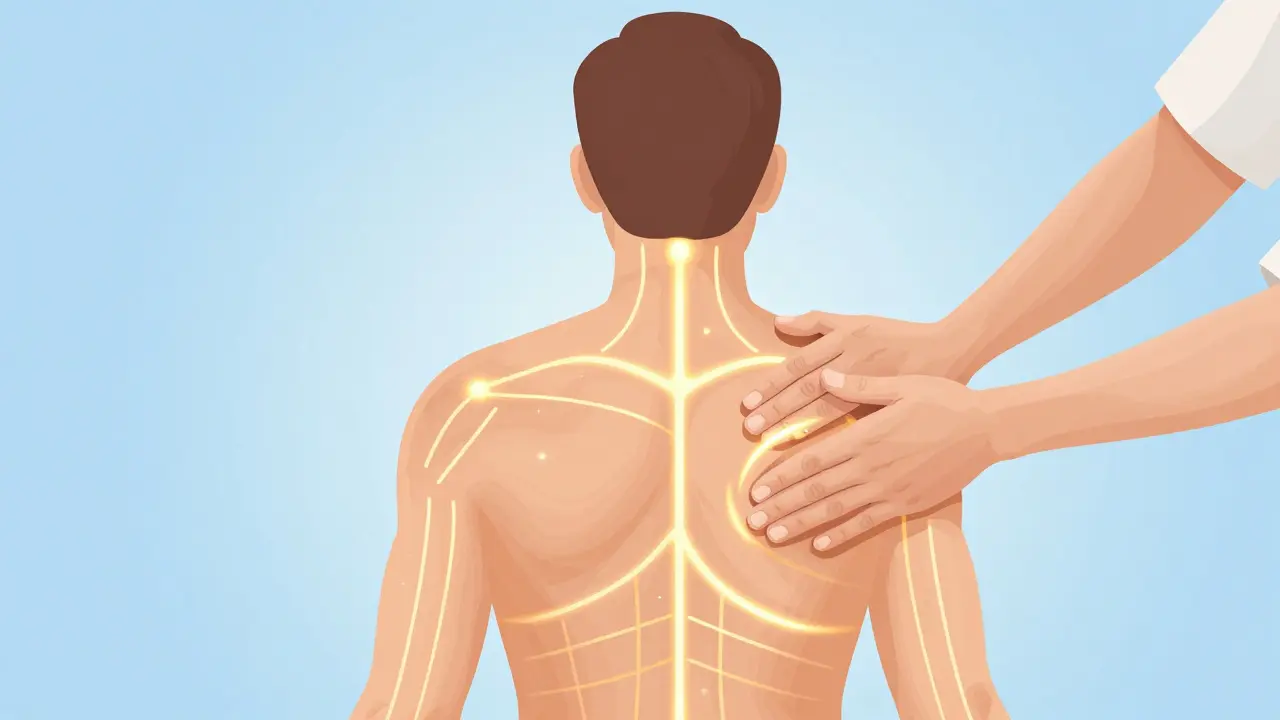 Schéma meridiánů a tlaku prstů při masáži shiatsu
