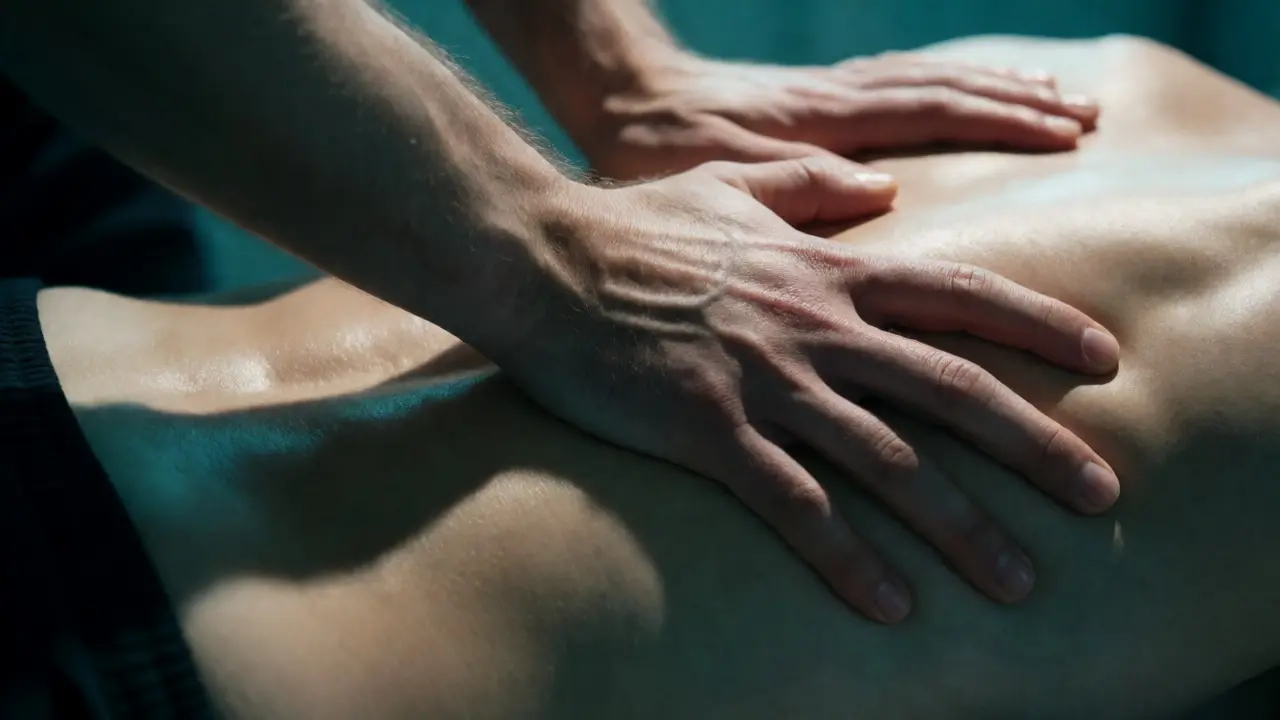 Detailní záběr na hlubokou tkáňovou masáž bederní oblasti u sportovce.