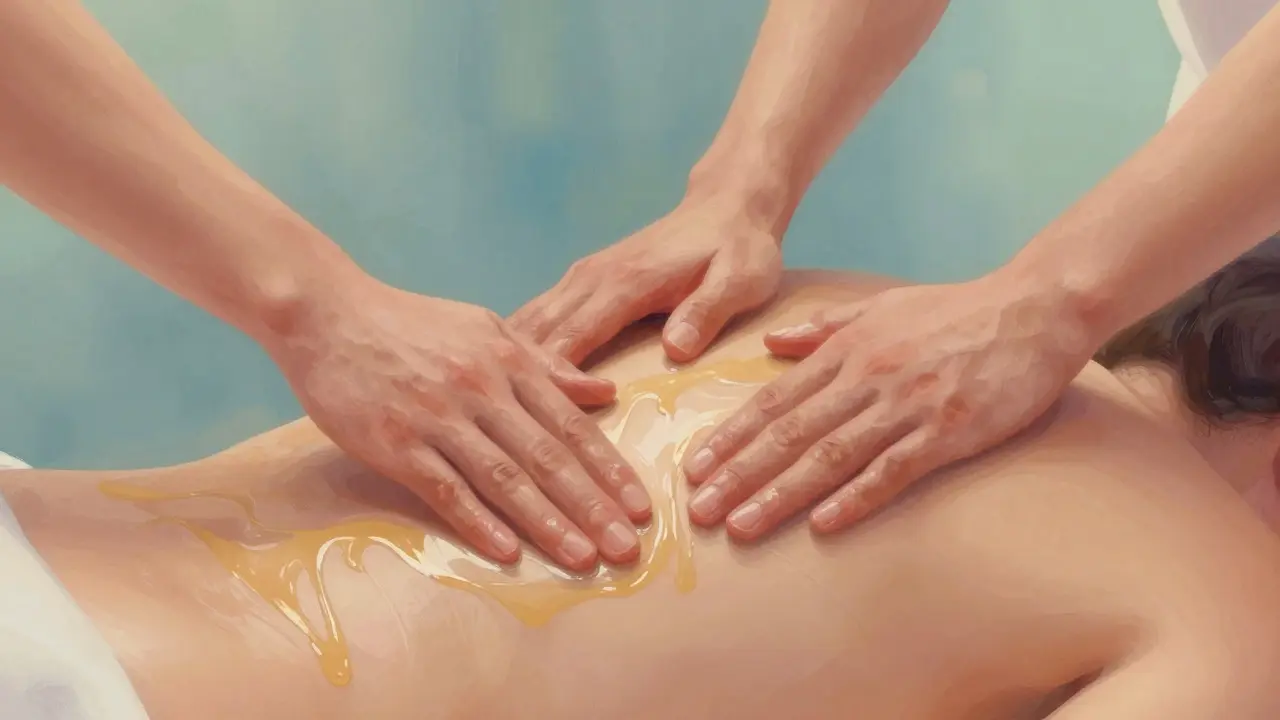 Ilustrace plynulých pohybů rukou při havajské masáži Lomi Lomi