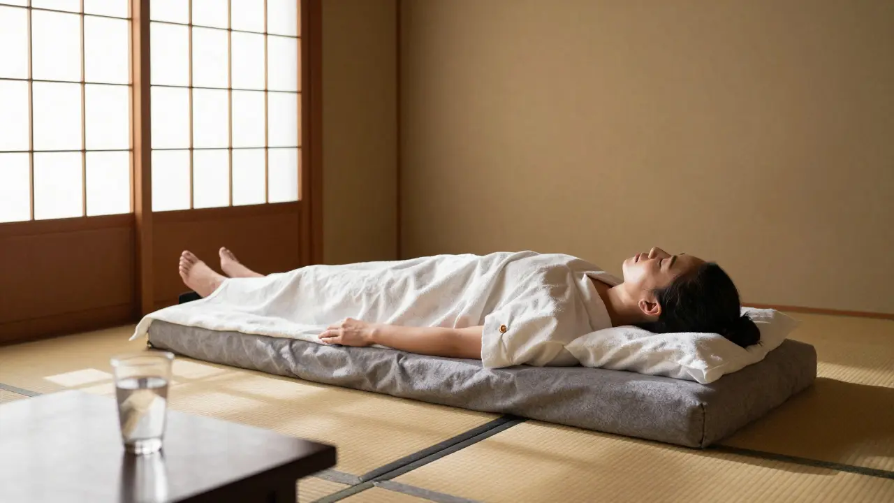 Klient relaxuje na tatami podlaze v klidné japonské místnosti