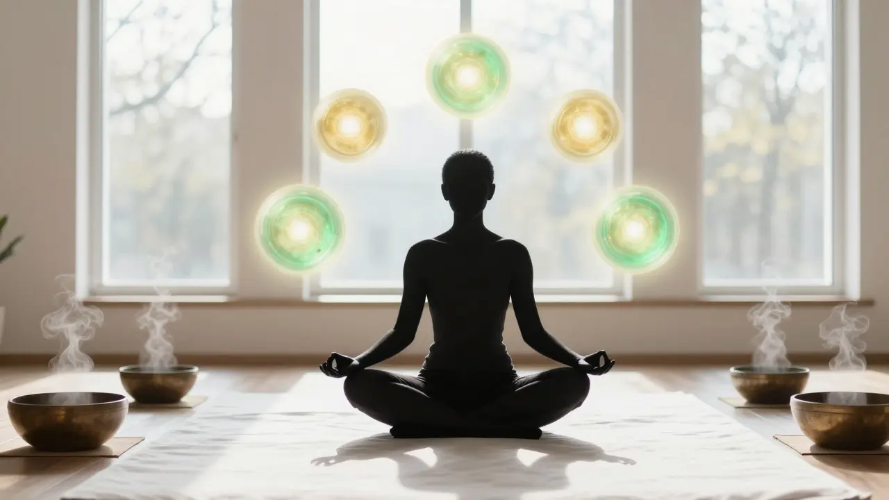 Konceptuální zobrazení meditující postavy obklopené energií