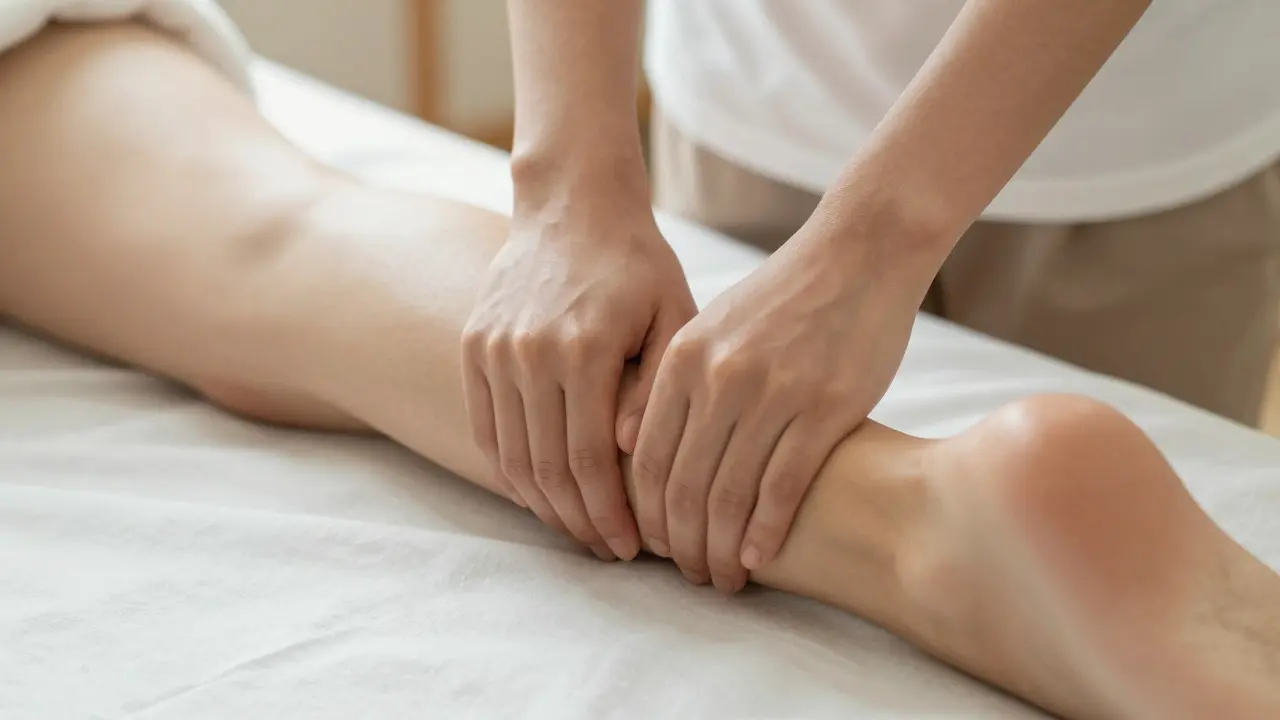 Zblízka ruce terapeuta jemně dotýkající se nohy klienta bez omezení