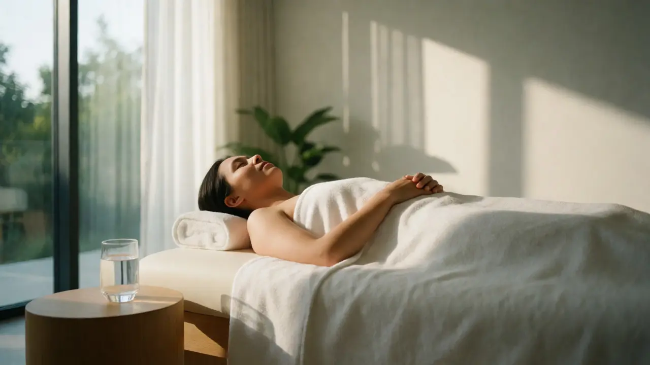 Klidná osoba odpočívá po regenerační masáži ve wellness