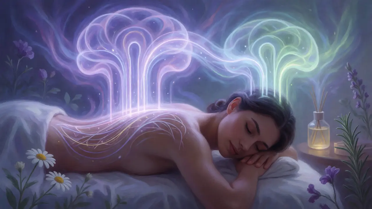 Konceptuální ilustrace ženy při masáži s vizualizací aromatických molekul působících na mozek.