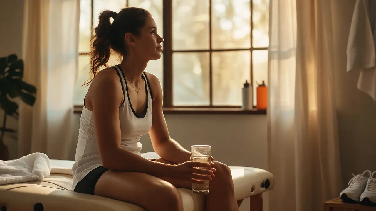 Sportovec pije vodu po masáži pro hydrataci a podporu detoxikace organismu.