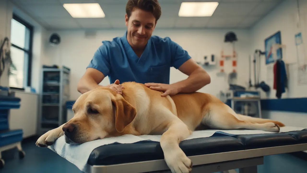 Terapeut provádí jemnou manuální terapii na labradorovi