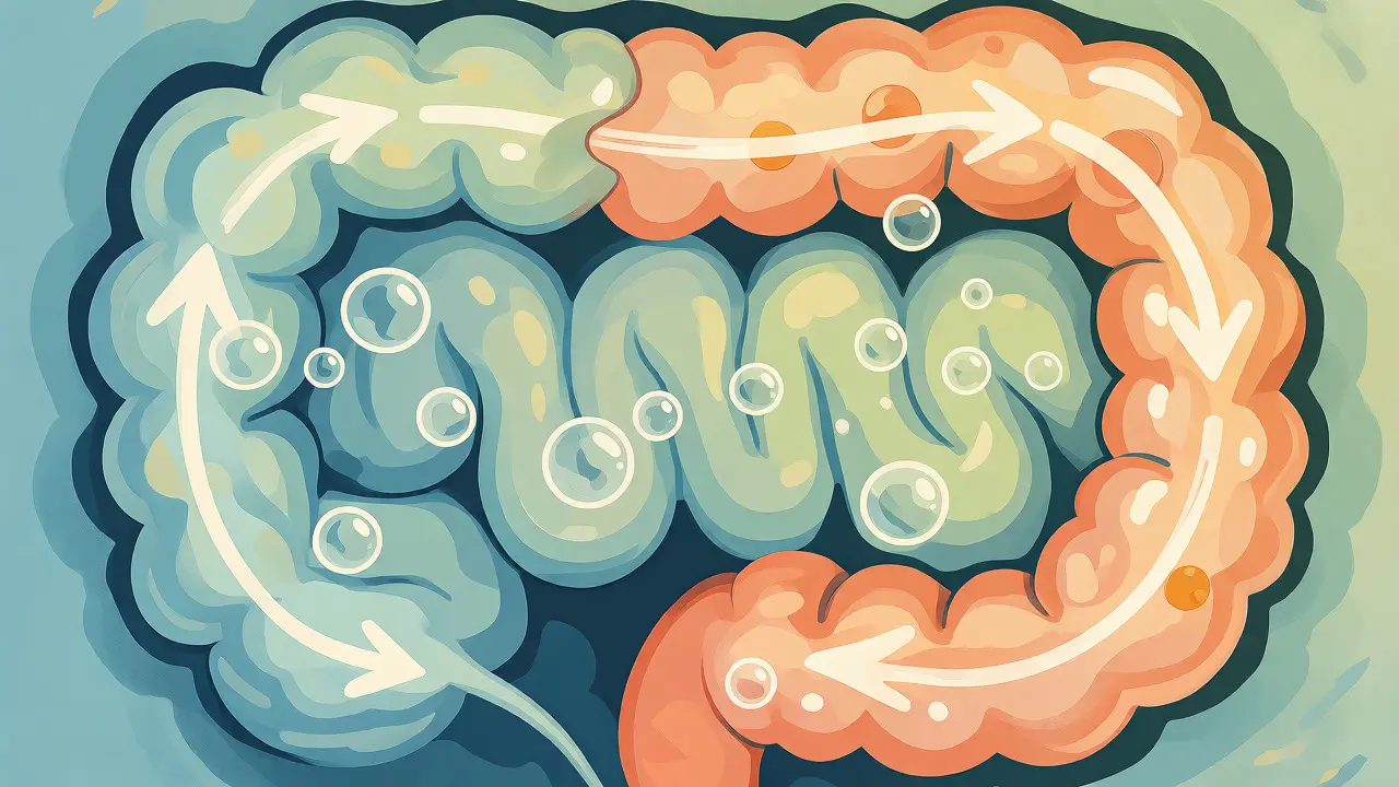 Stylizovaná ilustrace dětského trávicího systému ukazující pohyb plynů ve směru hodinových ručiček.